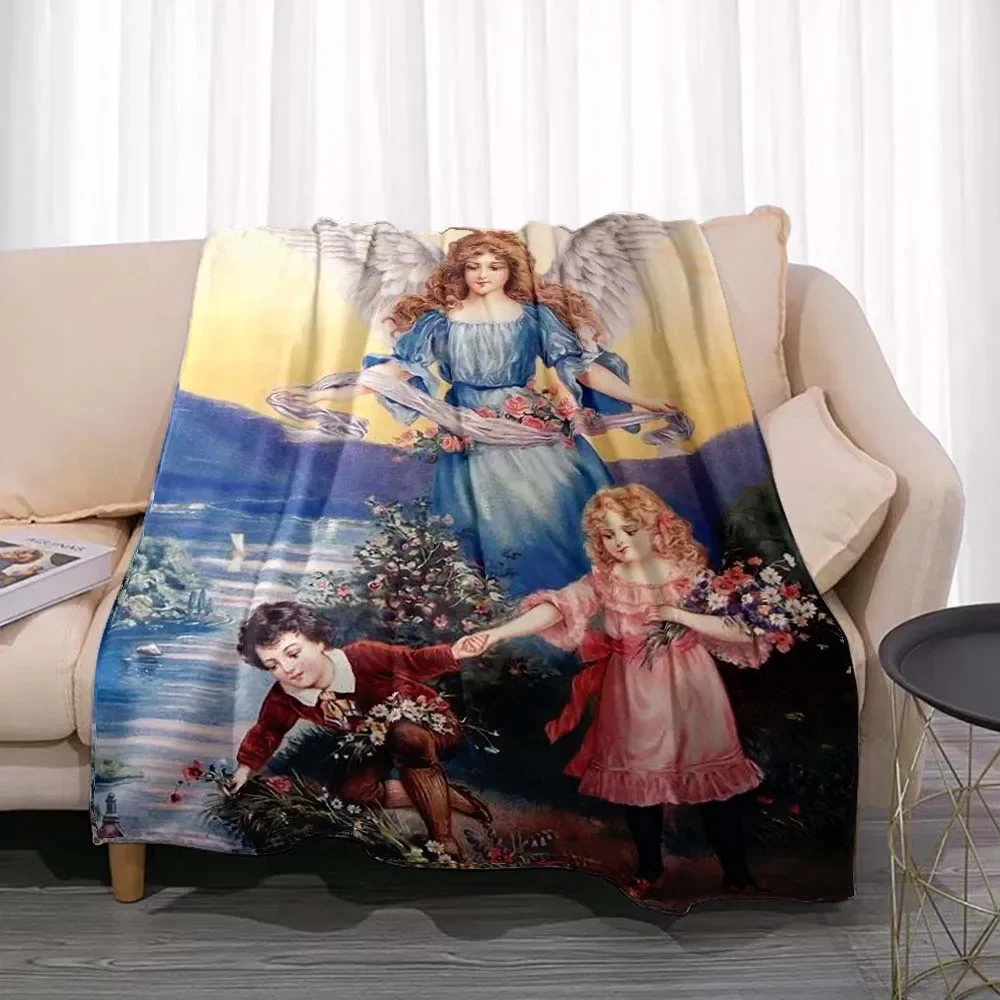 Guardian Angel Soft Throw Blanket Jesus Protect Flannel Kids Room Living Room Bedroom Warm Blankets Home Decor Children Bedding