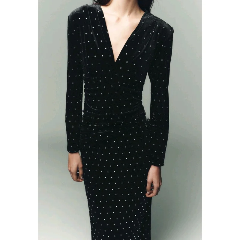 Winter Nieuwe Dames Fluwelen Midi Dr V-Ne Lange Sve iny Kraal Decoratie Pendelen Sle Polyestervezel Slim Fit Dr