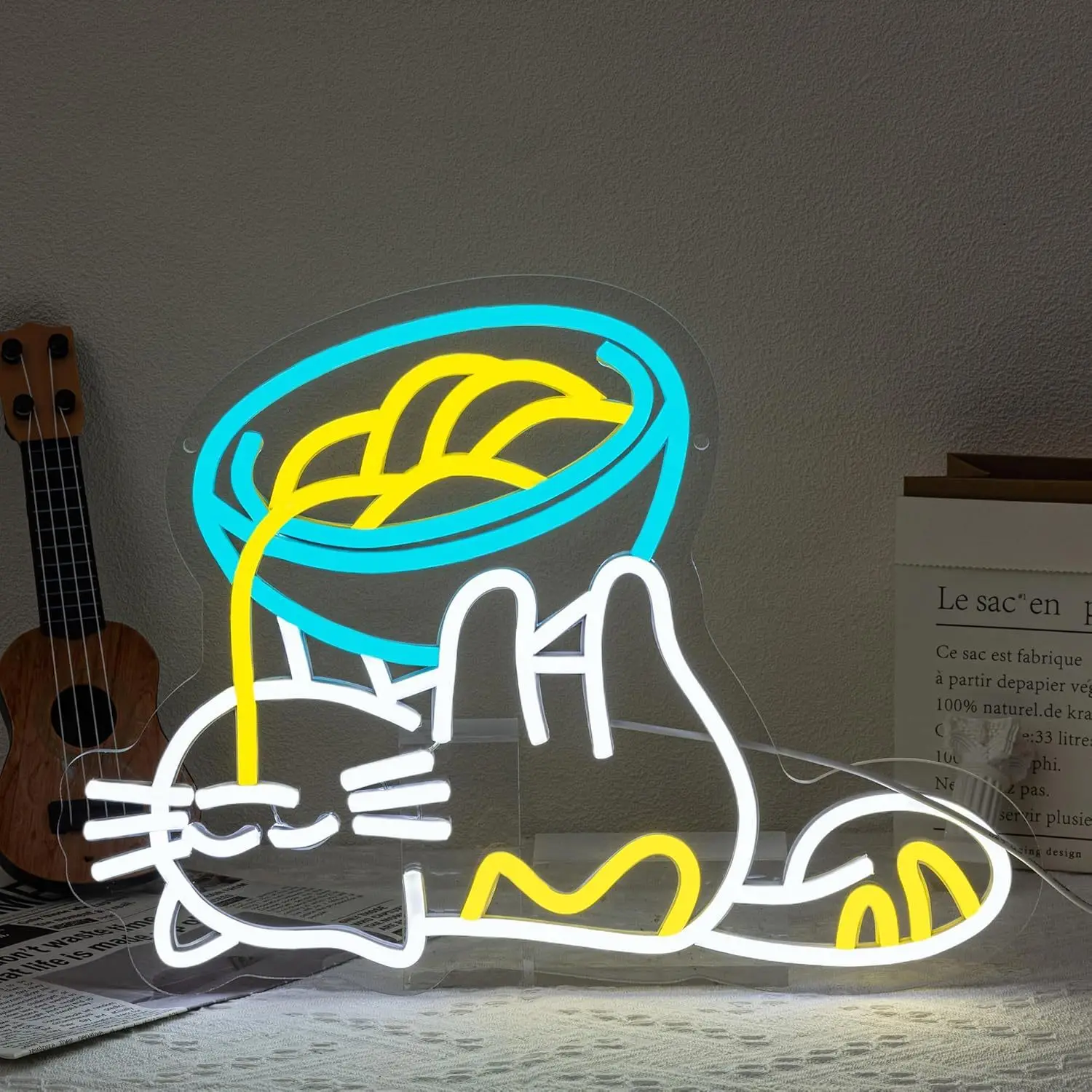 Cat Eating Noodles Dimmable LED Neon Sign USB Wall Light for Cat Cafe Bedroom Dessert Shop Restaurant Decor Gathering Party Gift