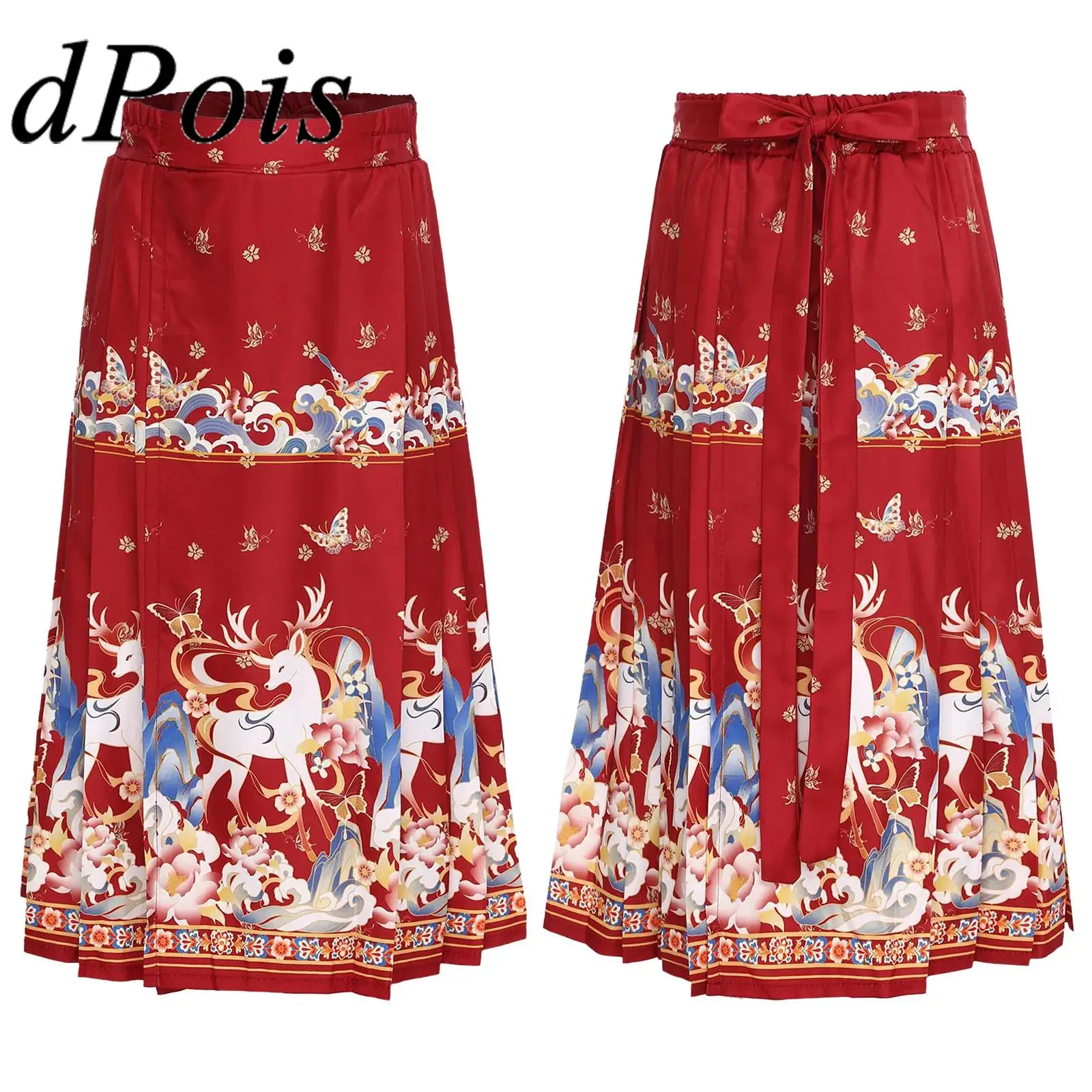 

Hanfu Girls Traditional Chinese Clothing Ethnic Style Horse Face Skirt Butterfly Deer Print Skirt Mamianqun Skirt Stage Costume