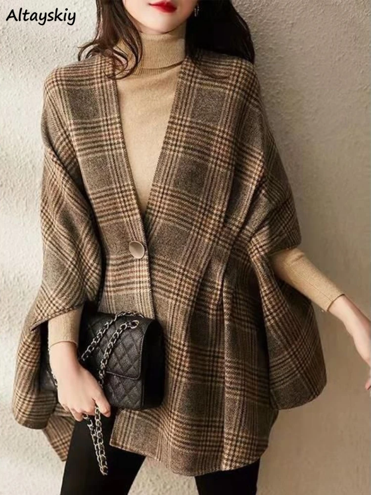 

Vintage Blends Women V-neck Wool Baggy French Style Plaid Graceful Single Button Khaki Designed Outwear All-match Casacos New