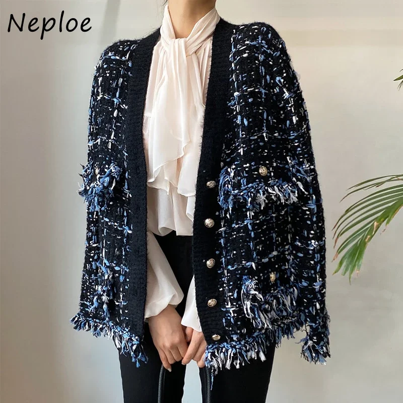 Neploe elegante scollo a v Cardigan lavorato a maglia di colore misto donna sciolto maglione a maniche lunghe cappotto donna nappa frange Cardigan