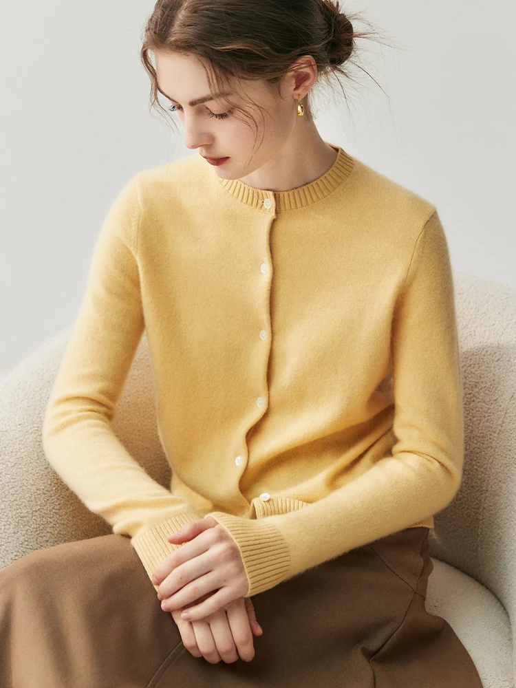 CHICUU Autumn Winter Women Thick O-neck Cardigan Basic Simple 100% Cashmere Sweater Solid Long Sleeve Cardigan Coat Knitwear