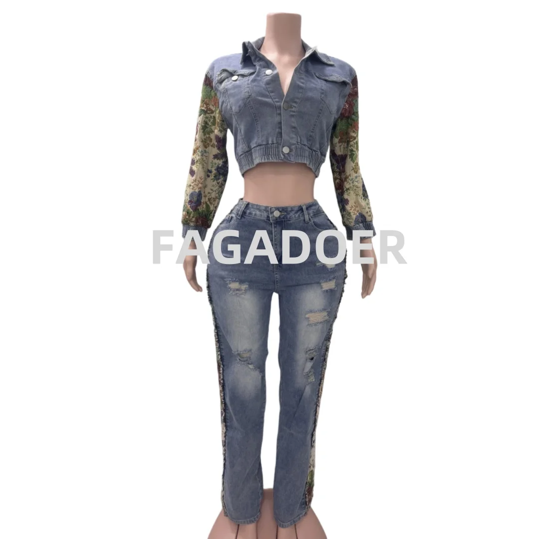 FAGADOER Women 2 Piece Set Outfit Fashion Pocket Ruched Print Patchwork Denim Crop Jacket + High Waist Stretchy Jeans Streetwear