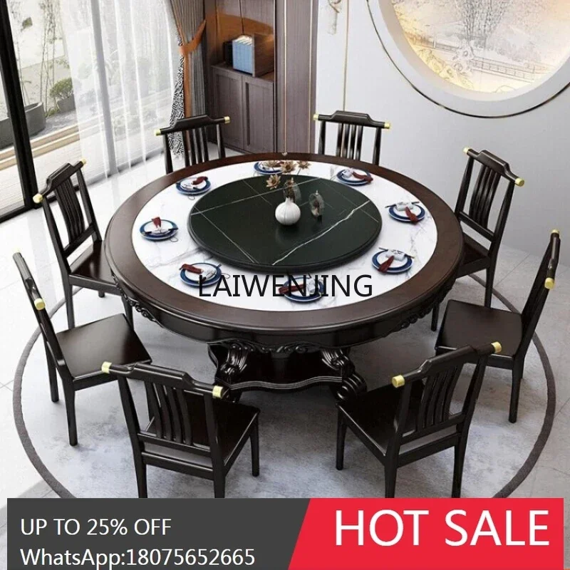 

Solid wood dining table and chair combination Chinese rock slab with turntable restaurant box 10 people party table