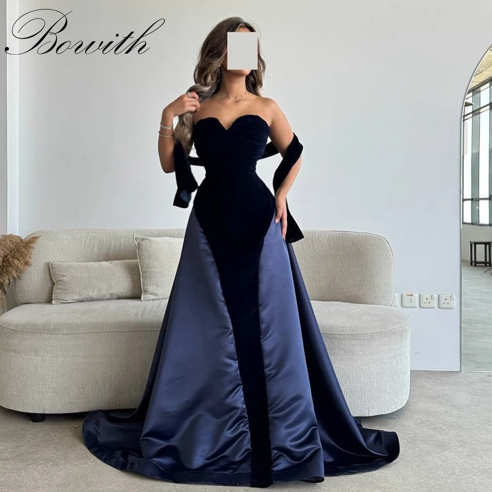 

Bowith Patchwork Evening Dresses Strapless Sweetheart Black and Navy Blue A-line Prom Gown Customized Party Dresses