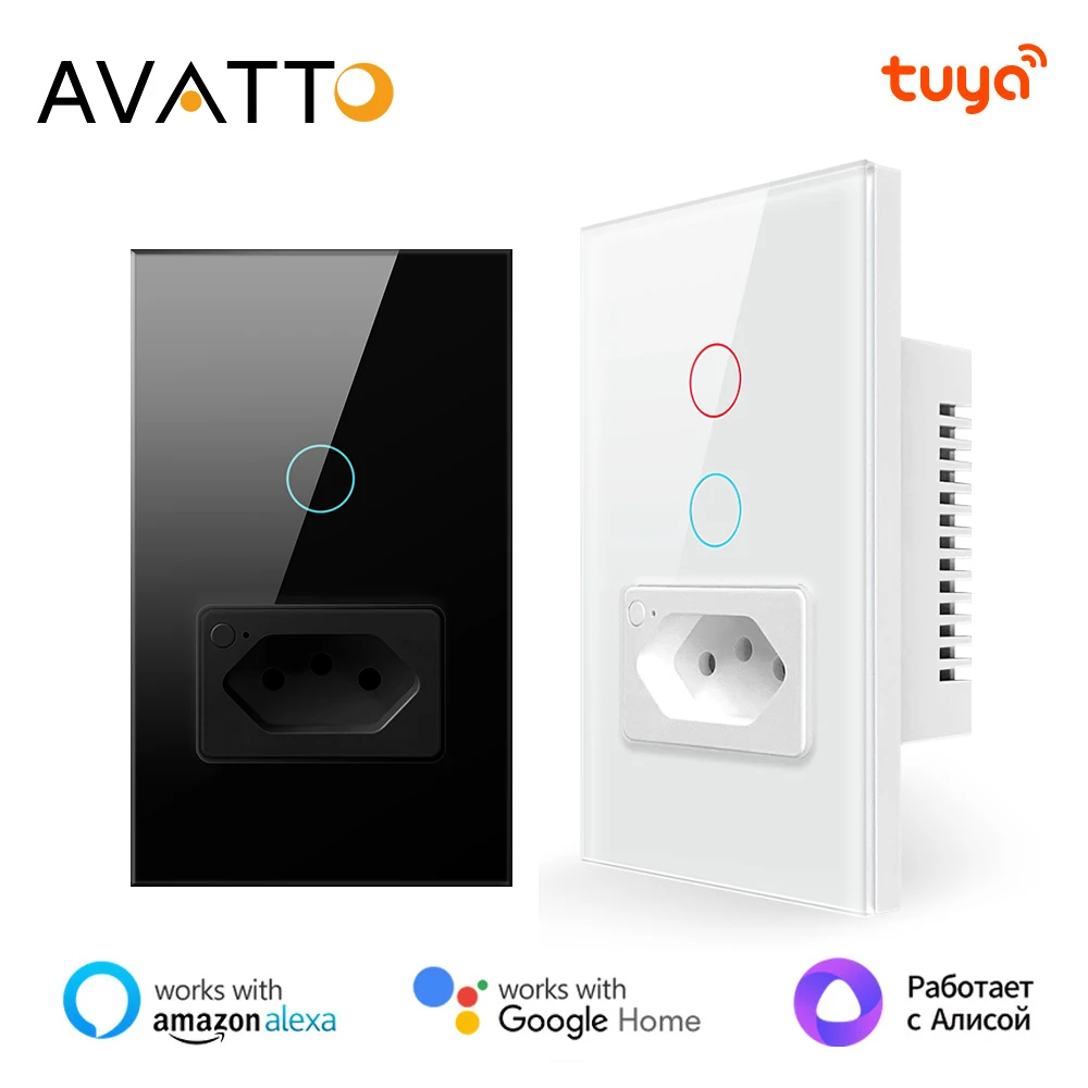 AVATTO Tuya Wall Switch&Socket，WiFi Brazil Standard 4X2 Glass Panel 1/2 Buttons Smart Light Switch For Alexa Google Home Ailce