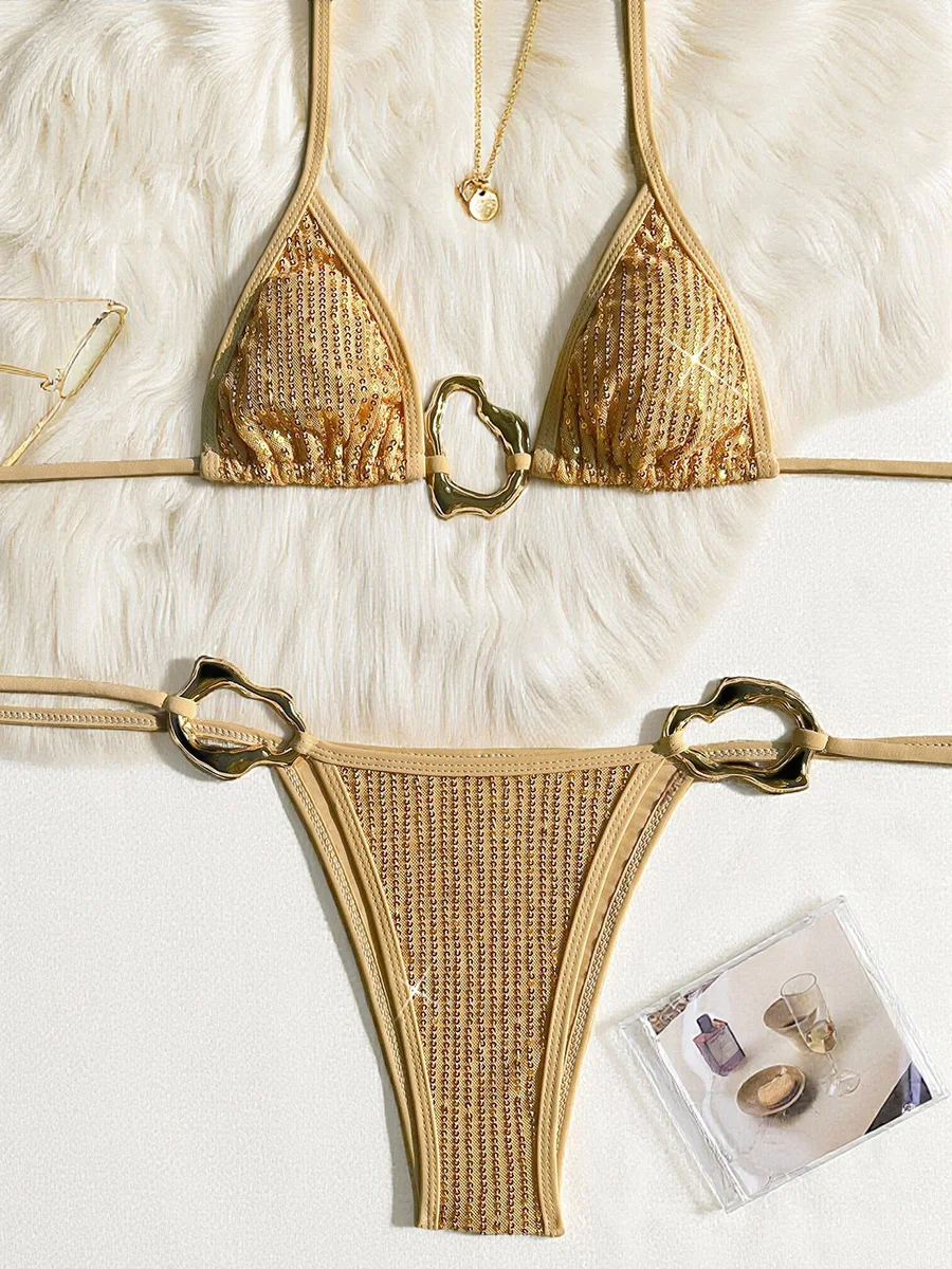 

Shiny Sequins Metal Ring Bikini Women Swimwear Female Swimsuit Two-pieces Bikini Set High Cut Bather Bathing Suit Swim Beachwear