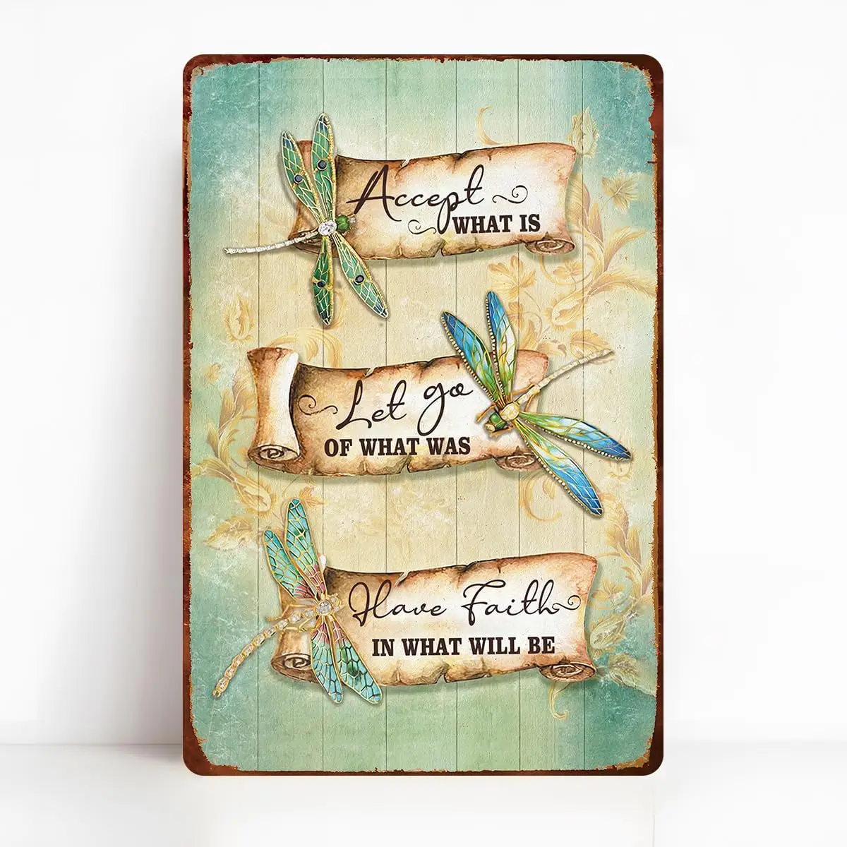 Décoration Libellule - Acceptez ce qui est, laissez partir le passé, ayez confiance dans le futur - Plaque en métal vintage inspirante, décoration de chambre