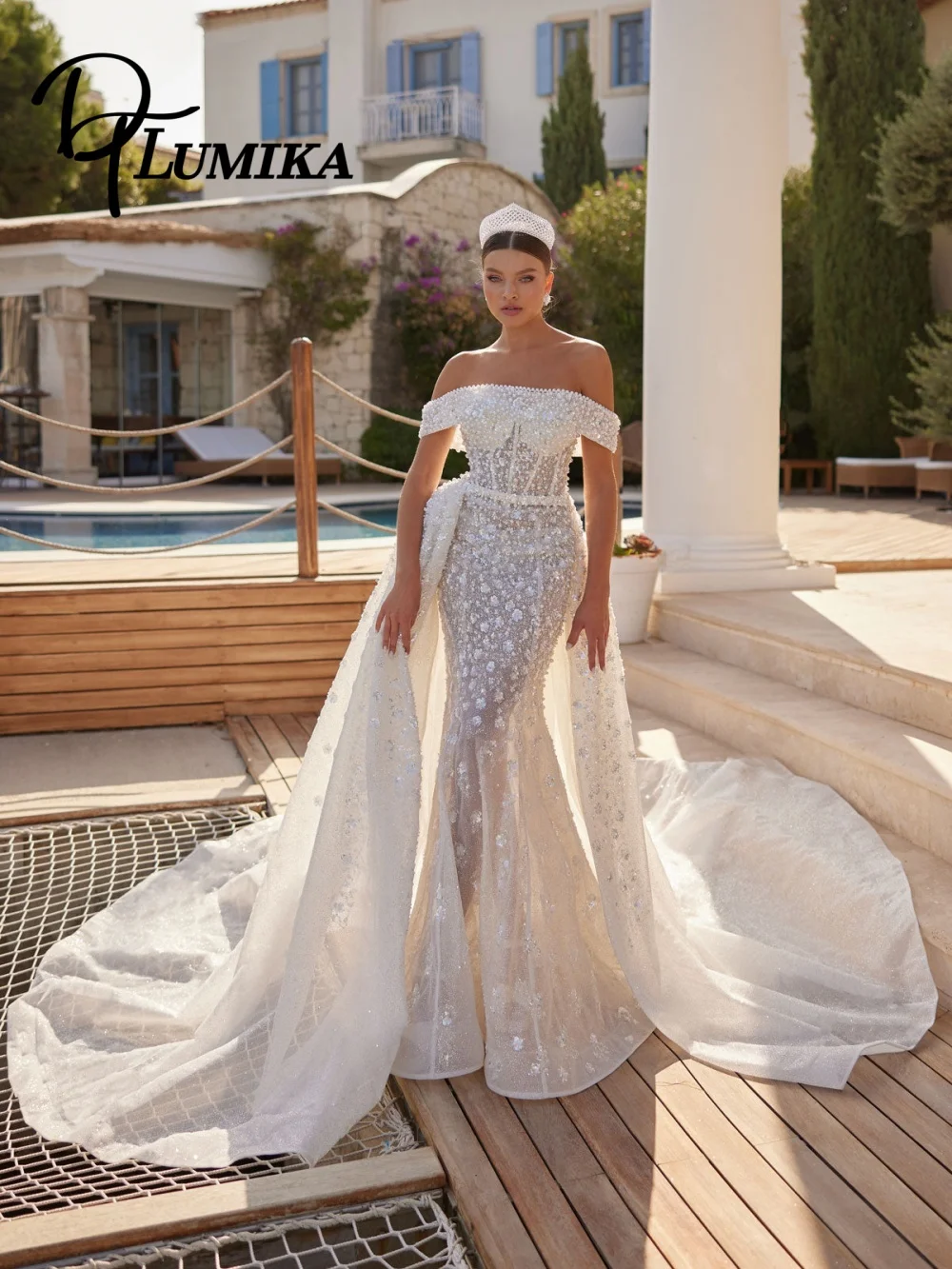 

Elegant Mermaid Wedding Dress Sexy Off-Shoulder Bridal Gown Formal Tulle Applique Floor-Length Wedding Gown Customized