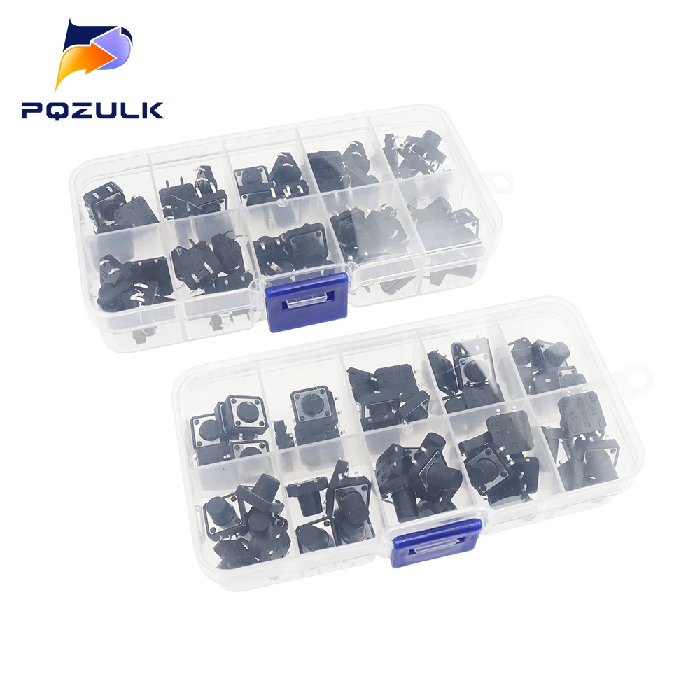 50PCS 10 Models 12*12 SMD Tact Switch Tactile Push Button Switch Kit Height: 4.3 5~13MM DIP 4P Micro Switch 12x12 Key Switch