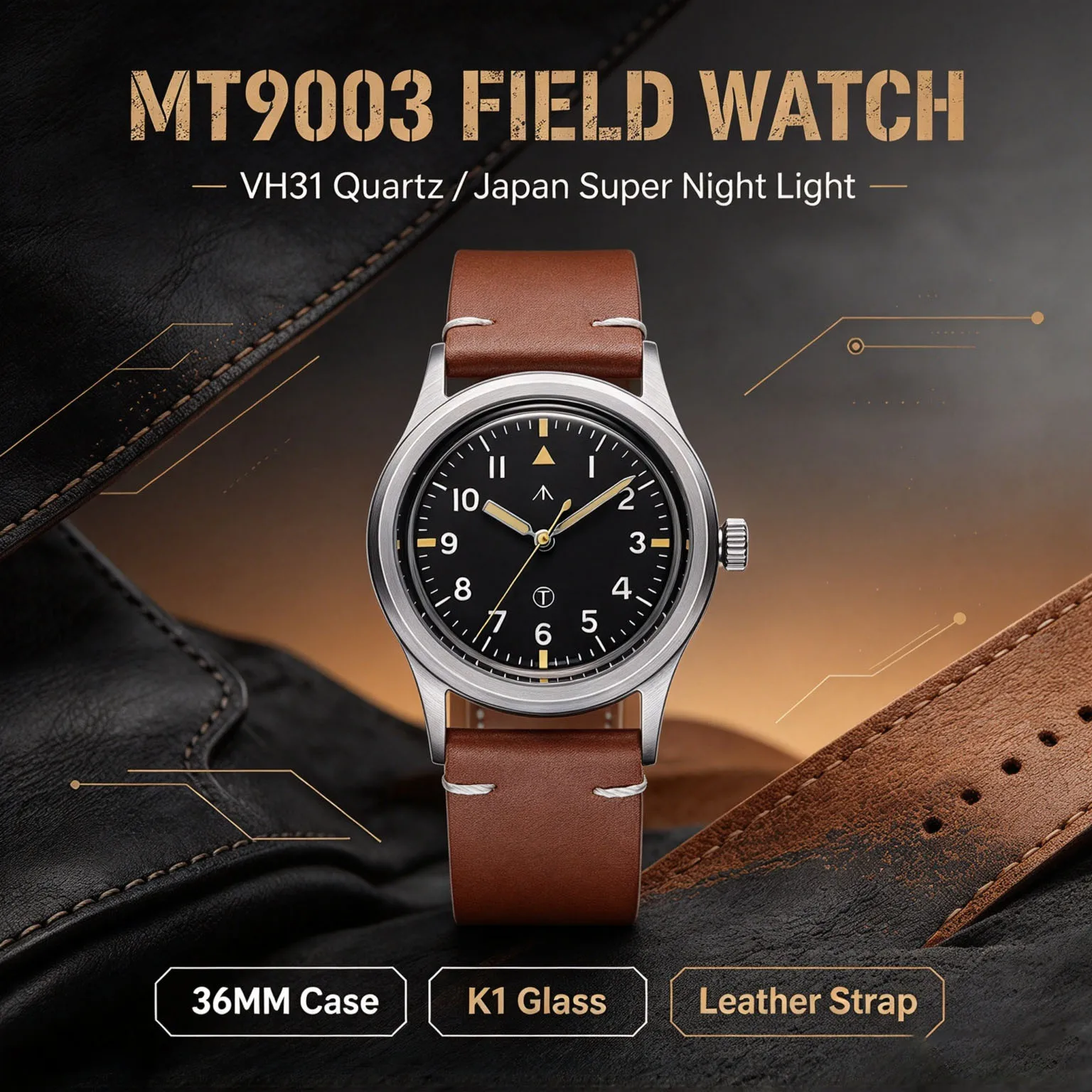 MILITREK Field Watch VH31 Quartz Men Watch Japan Luminous K1 Glass Stainless Steel Case Replaceable Strap Military Wristwatch