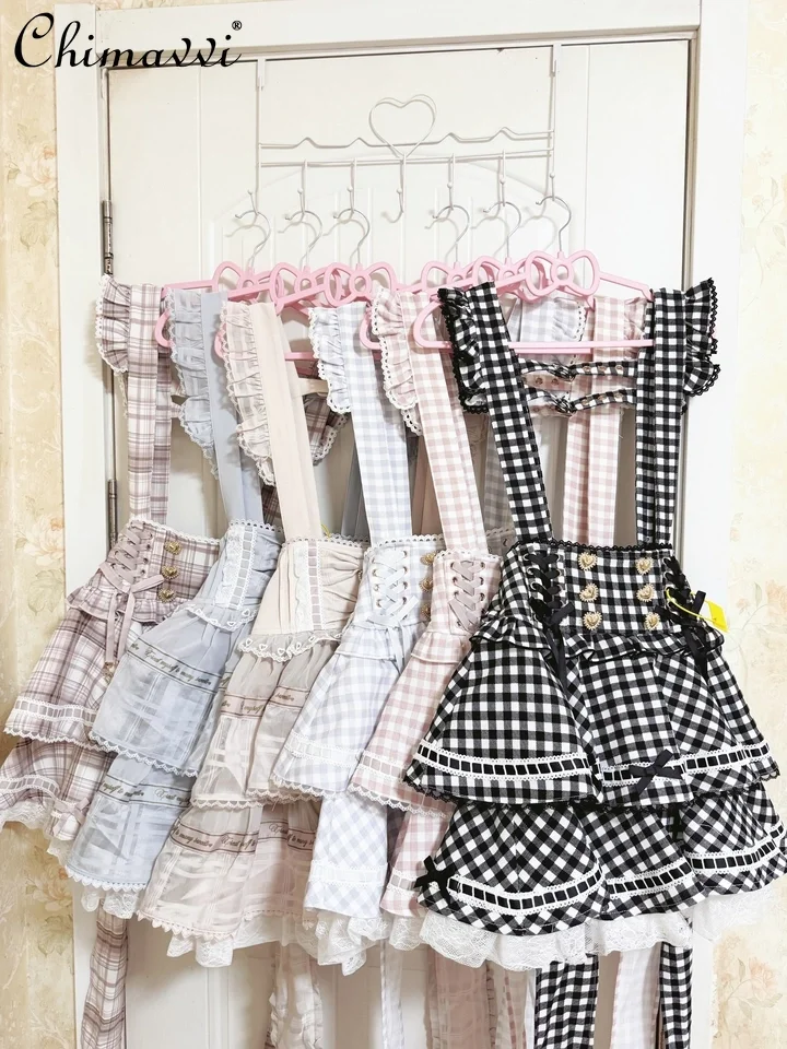 

Liz Japanese Sweet Cute Heavy Printed Plaid Bowknot Strap Skirt Spring New College High Waist Kawaii Princess Lolita Cake Skirt