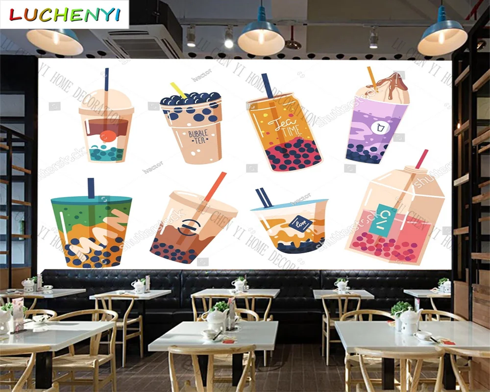 

Custom colorful bubble tea boba mural wallpaper restaurant cold drinking shop dining room wall papers home decor sticker