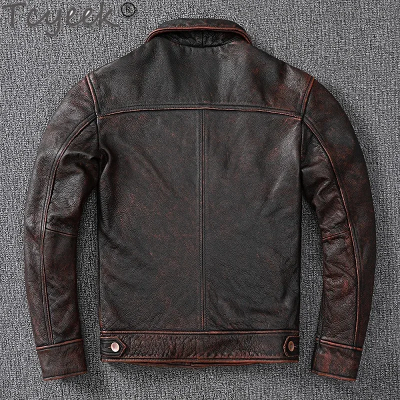 New Tcyeek Vintage Brown Workwear Cowboy Genuine Leather Jacket Natural Cowhide Coat Men's Stone Mill Old Style Clothes