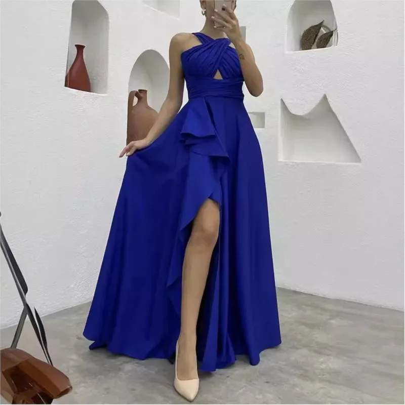 aa Bear House 002 أزياء أنيقة بلا أكمام عالية الخصر الجوف خارج كشكش شق مساء الطابق طول فستان حفلات SexyWAT99 ★