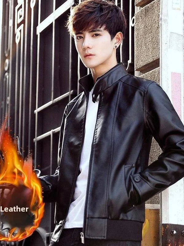 

Thiened Fce Мужская байкерская кожаная куртка на осень-зиму в Корейском стиле, модная повседневная мотоциклетная куртка большого размера