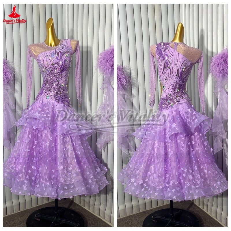 볼룸 댄스 AB 스톤 긴 소매 수 놓은 꽃 하단 드레스 여성 성인 Quickstep Waltz Foxtrot 의류 맞춤