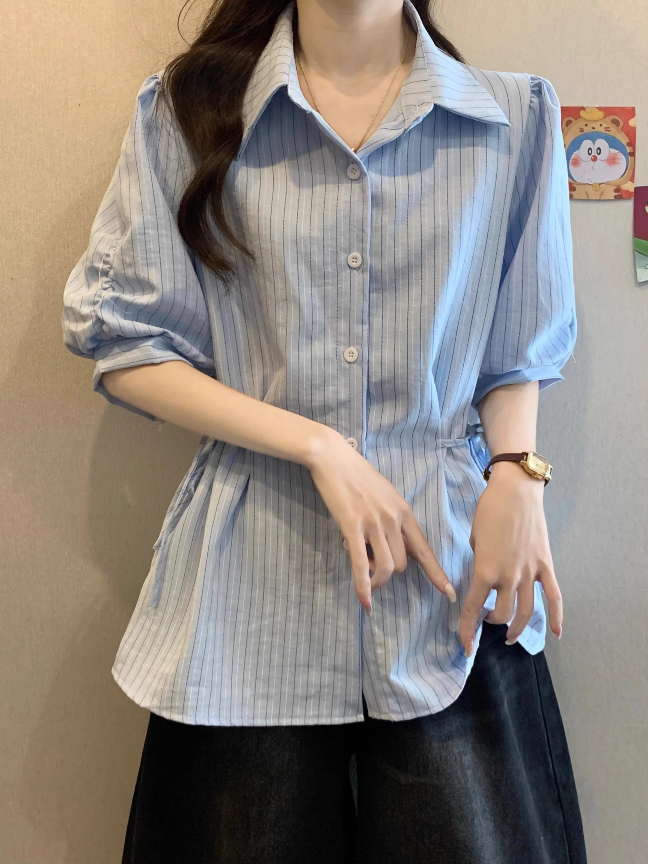 

Blue Striped Fashion Short Sleeve Shirt Women Summer plus Size Slimming Midi Length Regular Shoulder Korean Style Blouse Top