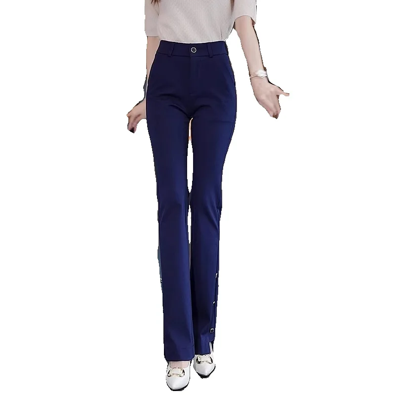 سروال بدلة زرقاء للنساء، ملمس راقي، ثنيات، صغير الحجم، نمط صيفي رقيق، متعدد الاستخدامات، تنحيف، سروال واسع قليلاً