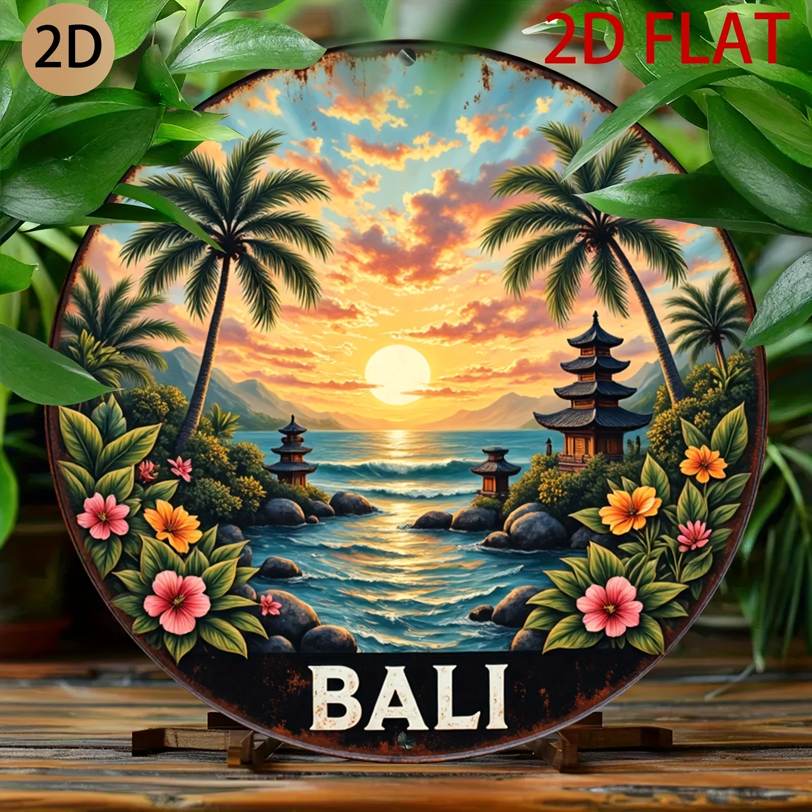 2D plane Circular Bali themed tin metal sign  tropical beach sunset art suitable for home lounge or tropical themed cafes, 2D Fl