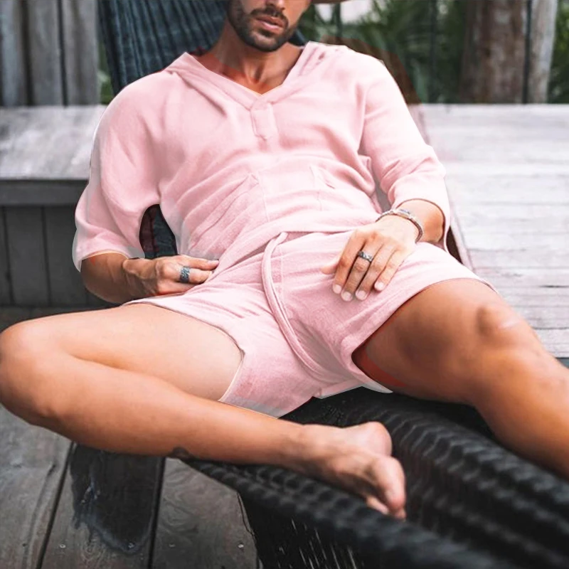 Conjunto de 2 unidades de camisa de lino y algodón para hombre, Tops informales holgados, pantalones cortos, traje, pijamas de manga corta,