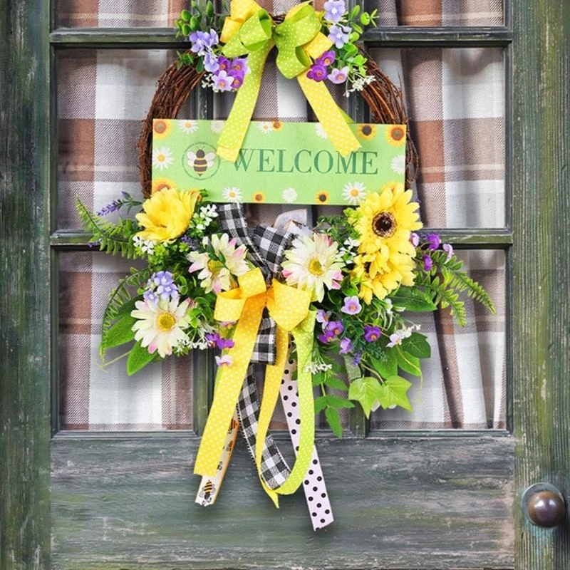 

Spring Artificial Flower Wreath for Front Door Decorative Yellow Floral Green Leaves Door Welcome Sign Wall Home Decors 15UB