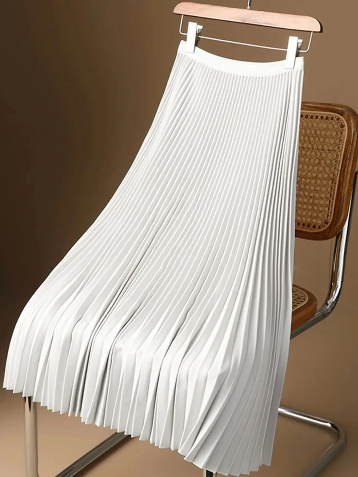 

High Waist Pleated Skirt Color A-Line Midi Skirt Women's Faion Spring Autumn Polyester Fabric Ele Simple Design