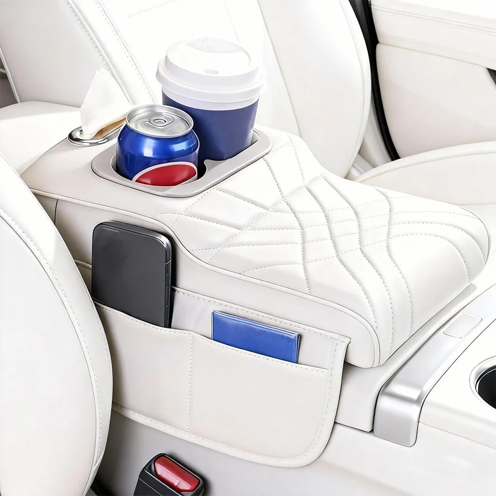 

Подушка-подлокотник из искусственной кожи для центральной консоли с подстаканником и держателем для салфеток, многофункциональная накладка-подлокотник, органайзер для автомобиля с регулировкой высоты