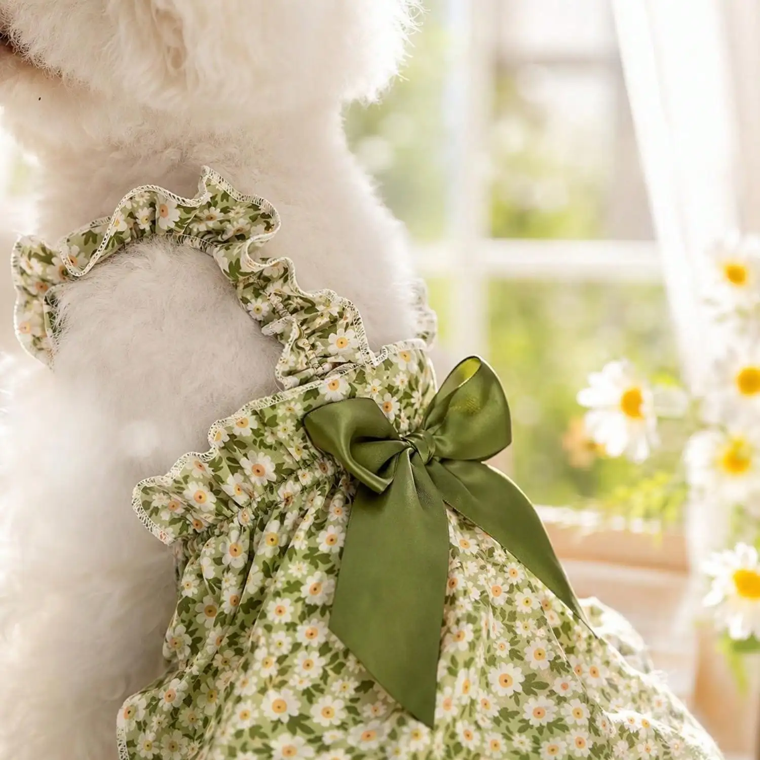 Sommerkleid für Haustiere, ärmellos, mit Blumenmuster, Rüschenriemen, großer Schleife als Dekoration für kleine Hunde, für den täglichen Gebrauch und Partys. – Detail 19