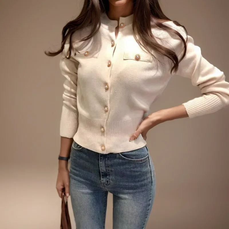 Nueva moda Otoño cárdigan de punto suéter de mujer de manga larga abrigo corto Casual coreano de un solo pecho Top ajustado Pull Femme 17375