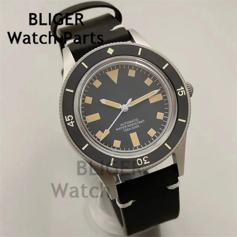 

BLIGER 40mm NH35A Men Automaticretro watch domed Sapphire glass luminous bezel Rubber watch band