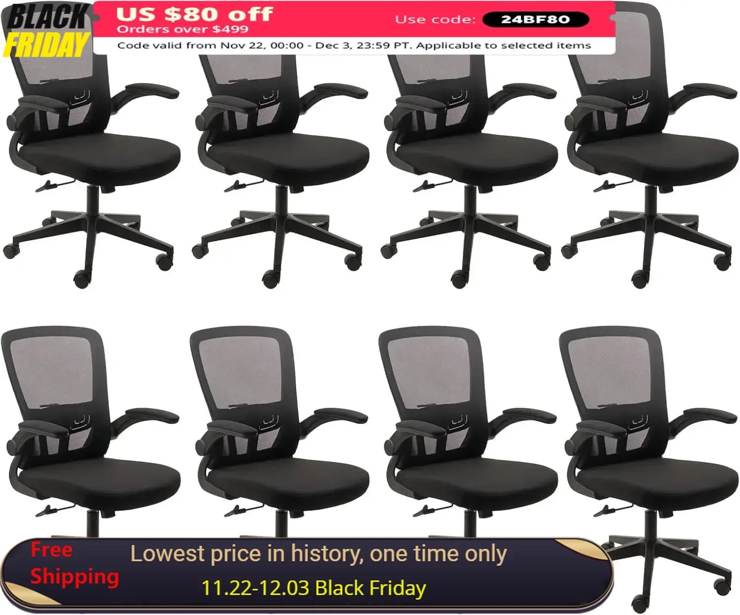 

Conference Chairs Set of 8 with Flip Up Armrests, Ergonomic Mesh, Adjustable Height and Swivel Lumbar Support, Conference Chairs