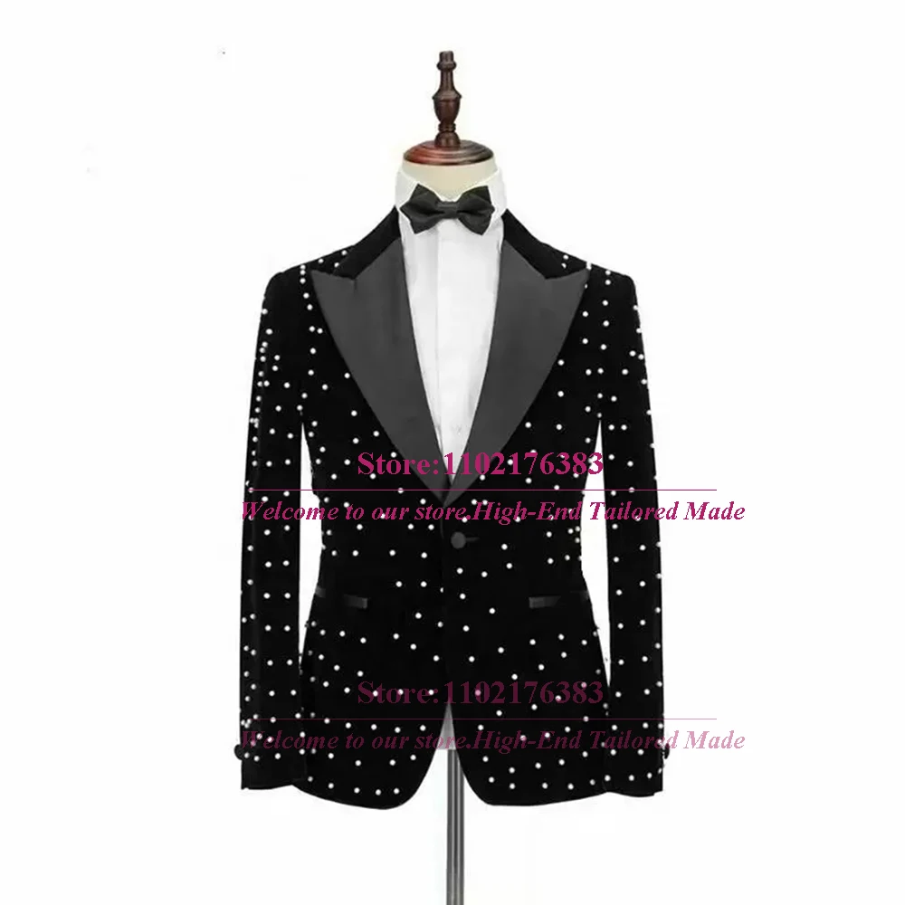 Luxury Boy Suits For Wedding Black Satin Lapel Velvet Blazer White Pearls Kid Party Dress Tailore-Made 3 Pieces Children Clothes