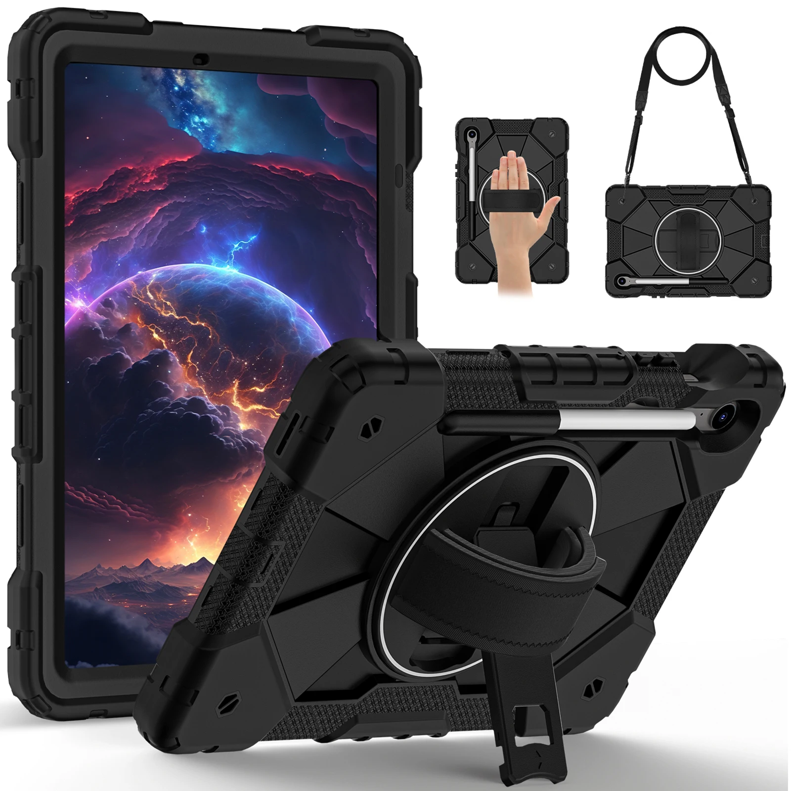 

For Samsung Galaxy Tab S10 FE / S9 FE / S9 Case Silicone + PC Kickstand Tablet Cover with Handy Strap - Black / Black