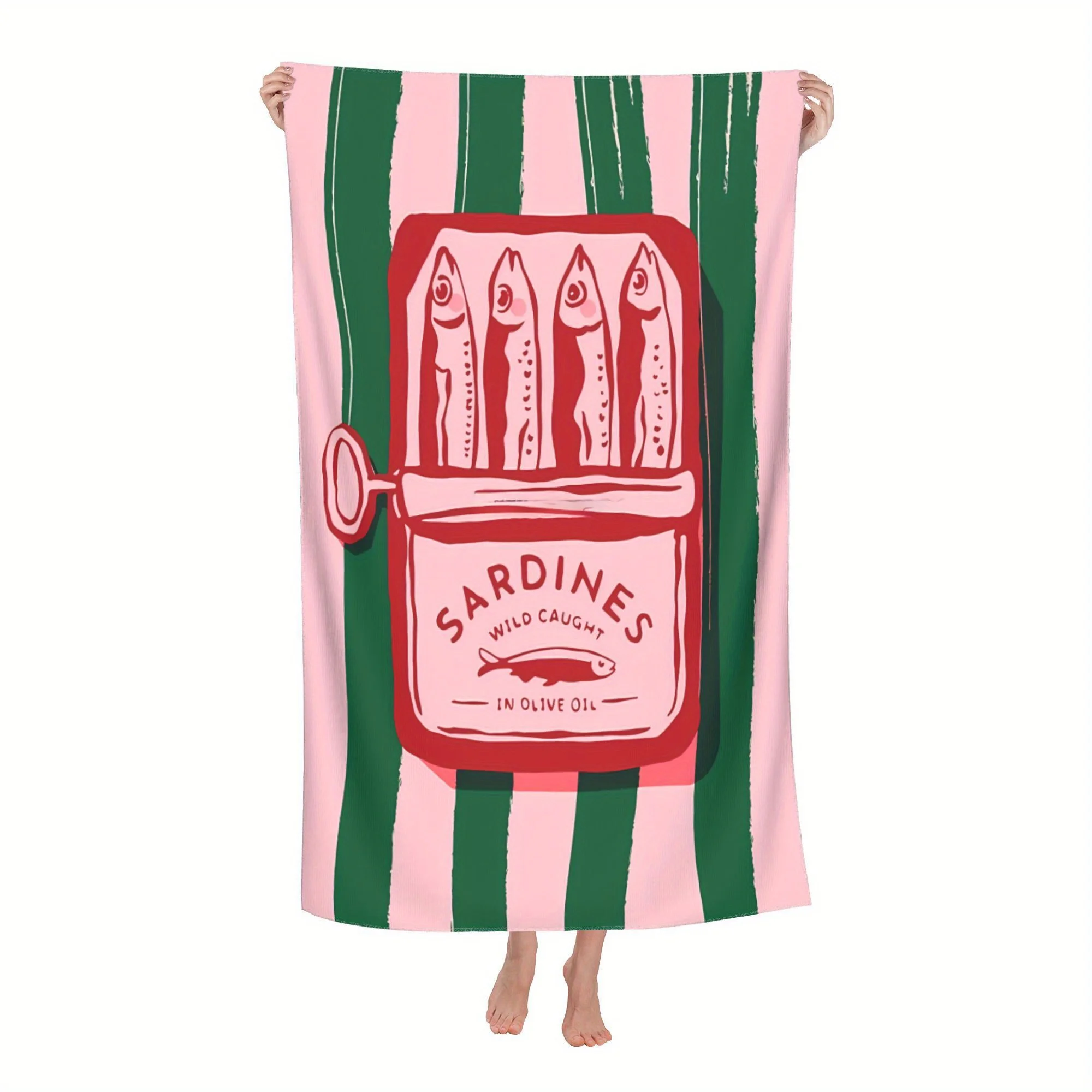 1pc Sardines Vintage Food Design Beach Towel, Coastal Maximalist Print with Pink Stripes, for Pool, Gym, Yoga, Spa