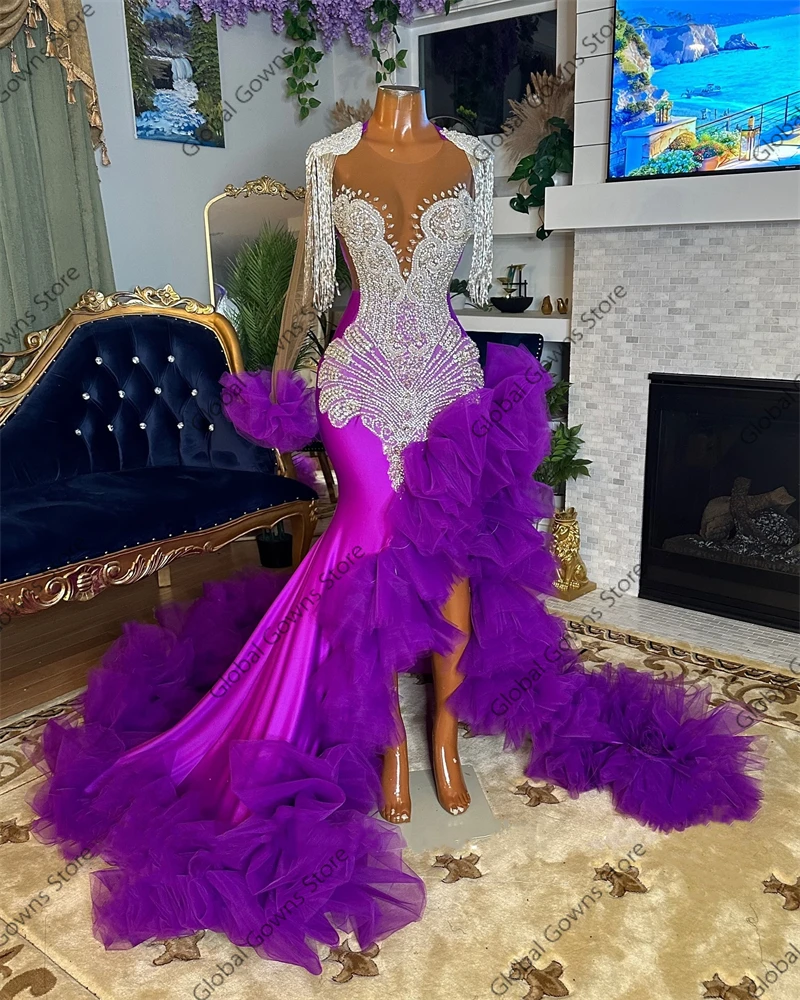 Purple Long Prom Dress For Black Girls 2024 Bead Crystal Birthday Party Dresses Rhinestone Tassel Ruffle Evening Gown Customized