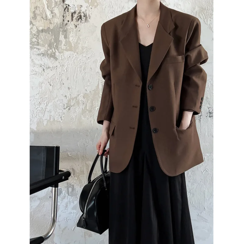 

Turn Down Collar Brown Blazer Coat Vintage Women Casual Long Sleeve Suit Jacket