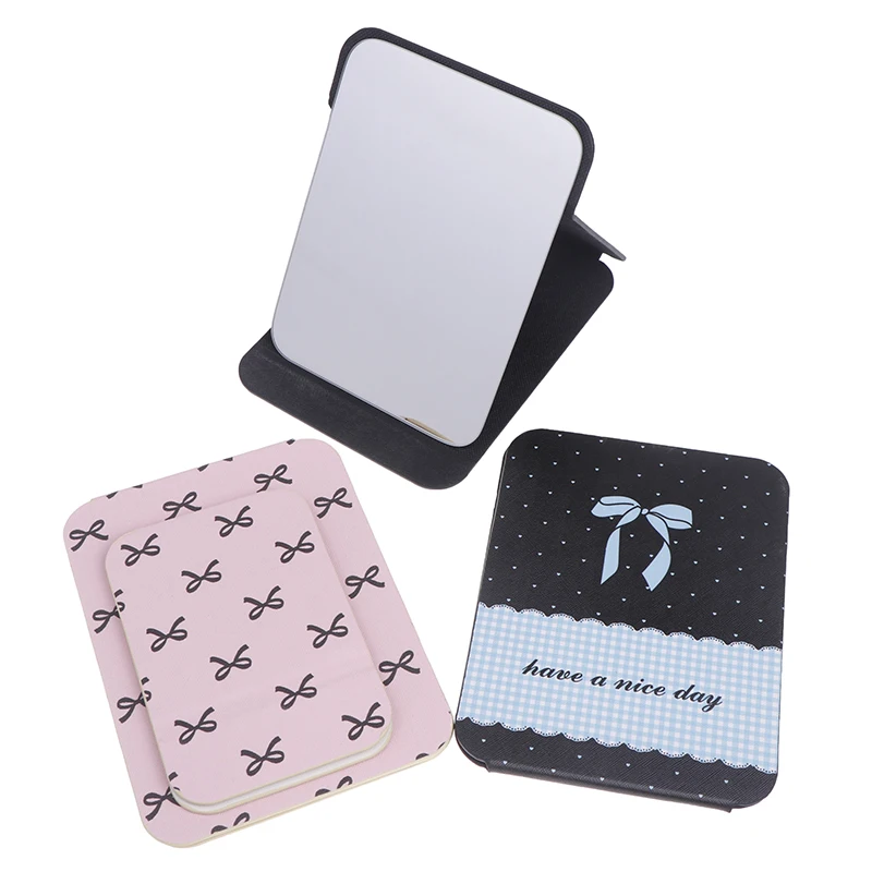 Desktop Makeup Mirror Bow PU Leather Simple Portable Handheld Makeup Mirror Foldable Student Compact Cute Pocket Mirror