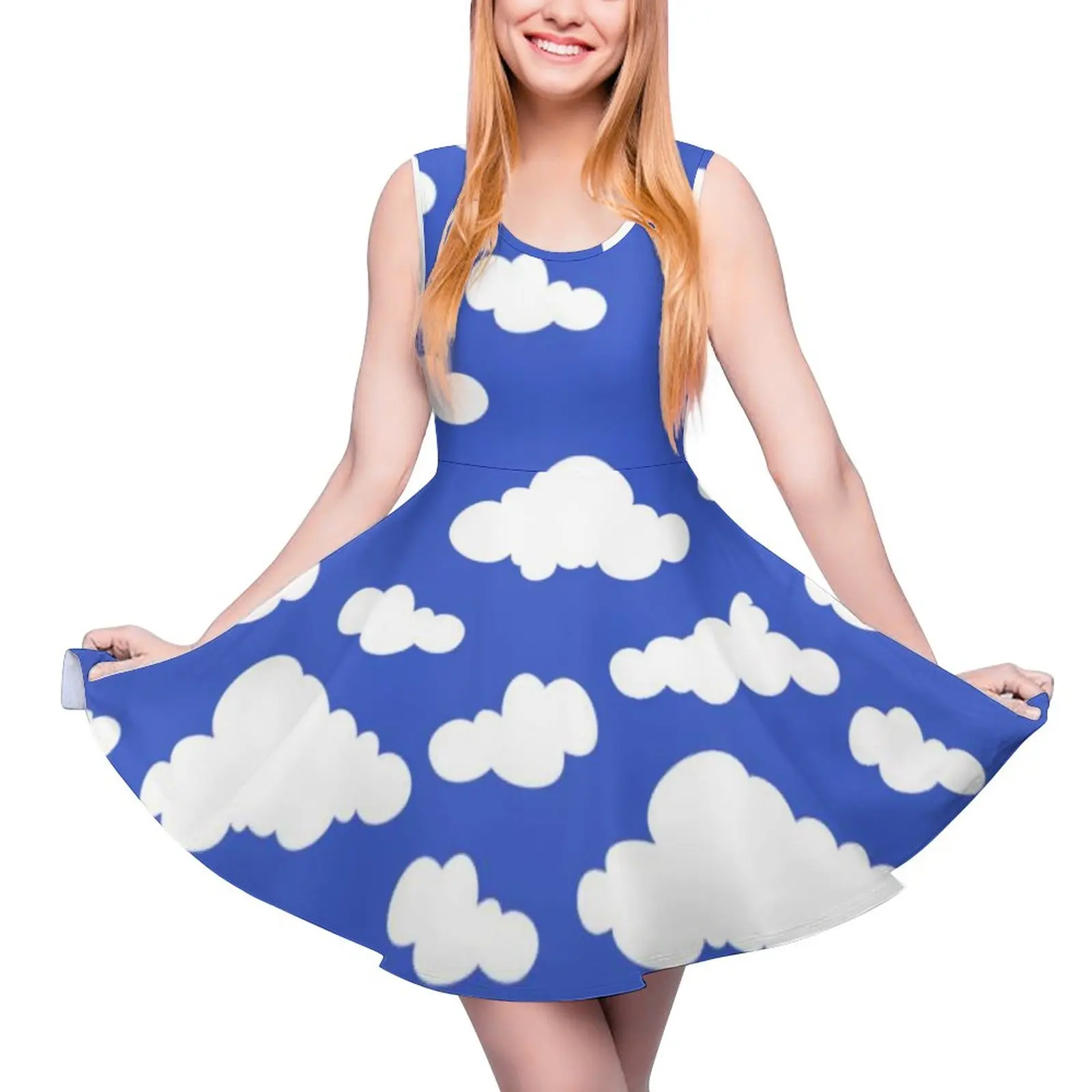 

Cartoon Cloud Dress Sleeveless Cloudy Blue Sky Basic Dresses Spring Women Oversized Night Club Printed Skate Dress