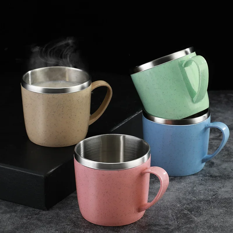 1pcs Stainless Steel Cup Wheat Straw Element Small Water Cup Household Anti-hot Anti-drop Coffee Milk Cup Tea Drink Water Cup