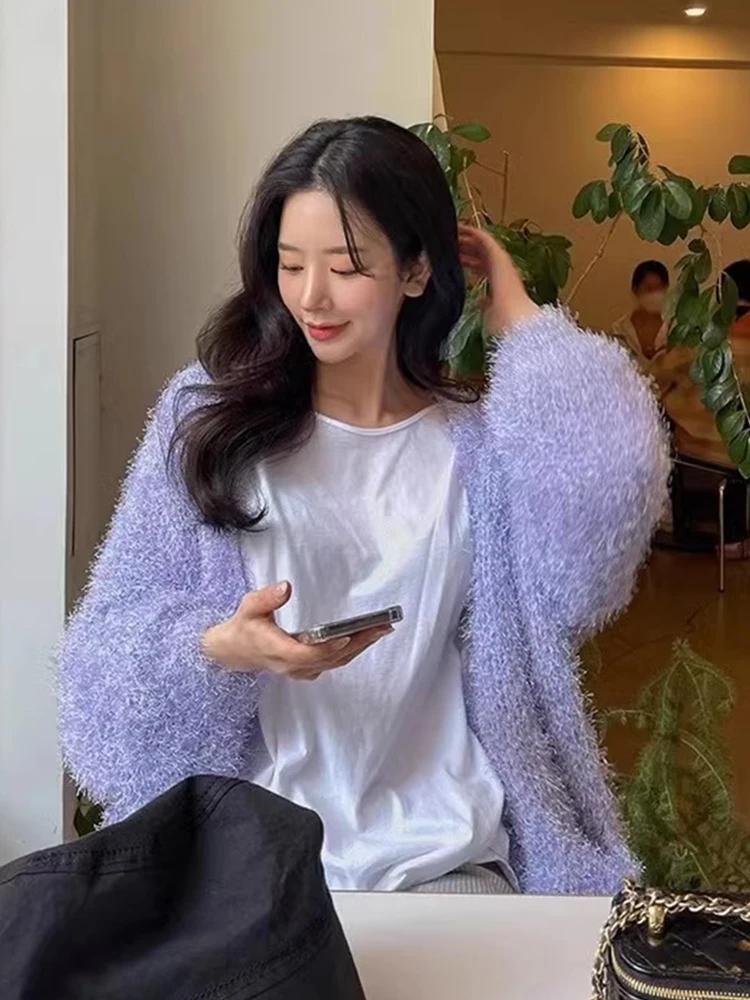 

Шикарный осенне-зимний пушистый вязаный открытый кардиган с v-образным вырезом, свободный универсальный женский свитер, пальто, удобный Sli Long Sve