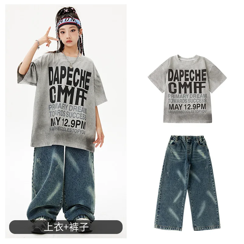 Mädchen Jungen Hip Hop Ballsaal Tanz kostüme 4 Kinder grau T-Shirt blau Jeans Jeans Hosen Jazz Tanz Outfits Kind Bühne Tanz kleidung