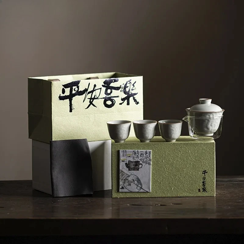 Boutique Handmade Relief Cover Bowl Set Household Three Friends of Winter Tea Set Aesthetic Tea Ceremony Set Cafes Collection view 2