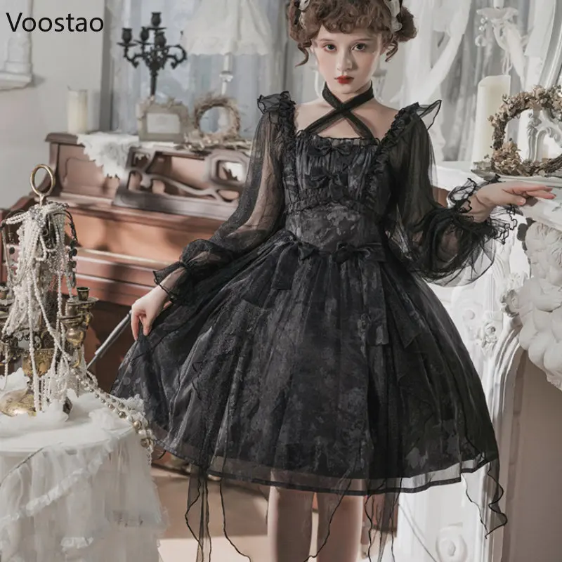 Japanischen Viktorianischen Gothic Lolita OP Kleid Vintage Mädchen Süße Bogen Elegante Prinzessin Urlaub Party Kleider Frauen Dark Y2k Kleid