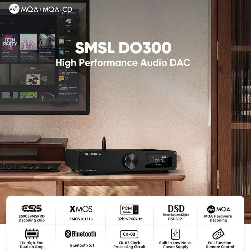 SMSL DO300 USB DAC ES9039MSPRO Audio MQA CD Decoder XMOS XU316 DSD512 32Bit 768KHZ Bluetooth 5.1 LDAC XLR I2S + Remote Control