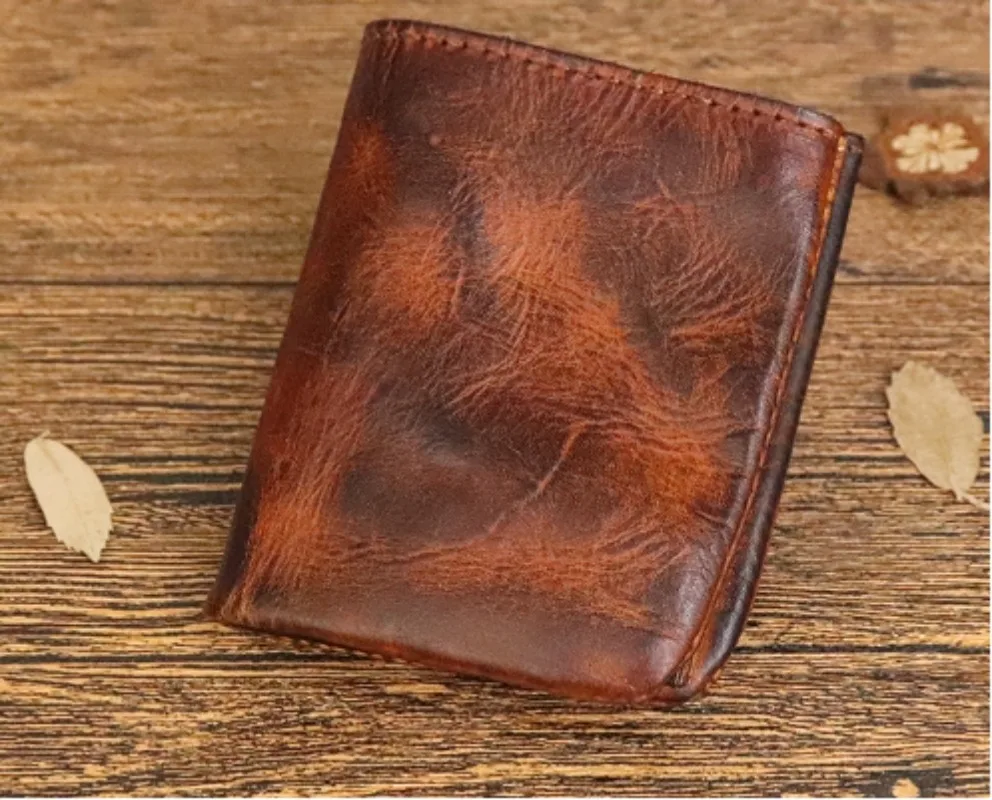 

Vintage do old wallet Men plant tanned cow skin washed simple student youth money clip short multi-card wallet