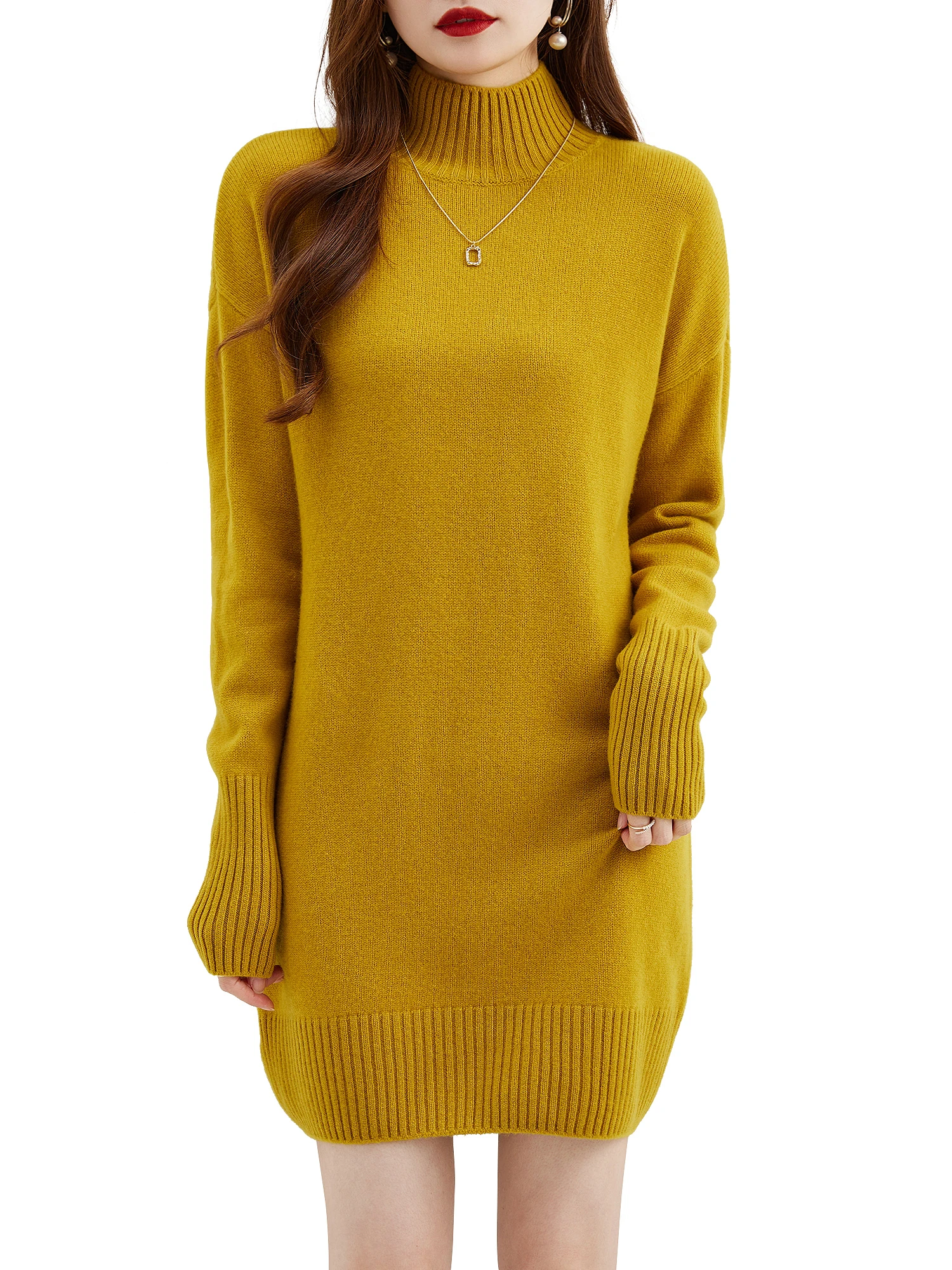 Turtleneck Sweater Women\'s Pullovers 100% Merino Wool Long Sweater Dress Fall Winter Warm Long Sleeve Knit Jumper Female Dresses