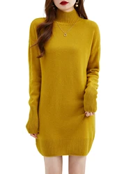 Turtleneck Sweater Women's Pullovers 100% Merino Wool Long Sweater Dress Fall Winter Warm Long Sleeve Knit Jumper Female Dresses