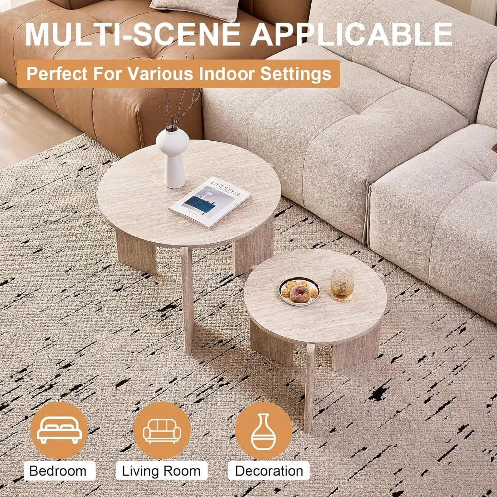 مجموعة طاولات القهوة المتداخلة الحديثة في منتصف القرن، قطعتان، ارتفاعات قابلة للتبديل، طاولات جانبية دائرية بقطر 27.6 و19.7 لـ L #3